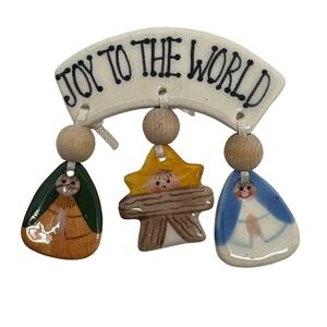 1990 Hand Painted Joy To The World Christmas Nativity Ceramic Brooch Pin Holiday